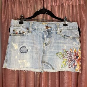 Abercrombie & Fitch Y2K Light Blue Denim Micro Mini Skirt w/ Floral Embroidery
